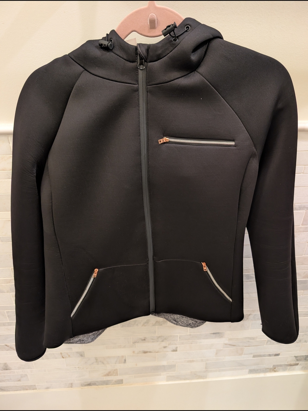 Lou & Grey Foam Black Hooded Zip-Up Bomber Jacket with Rose Gold Zippers